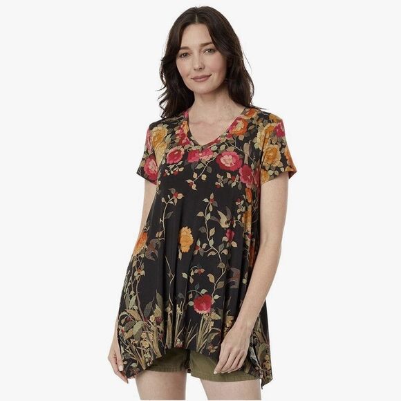 Johnny Was XL Graceful Drape Short Sleeves Floral Bird Black Tunic Top Shirt - Picture 1 of 12
